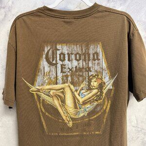 Vintage Corona Extra Beer Bikini Girl T Shirt Mens Large Brown Short Sleeve Y2K